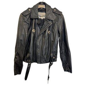 Vintage Open Road Leather Motorcycle Jacket Women’s Size 36 Black Belted